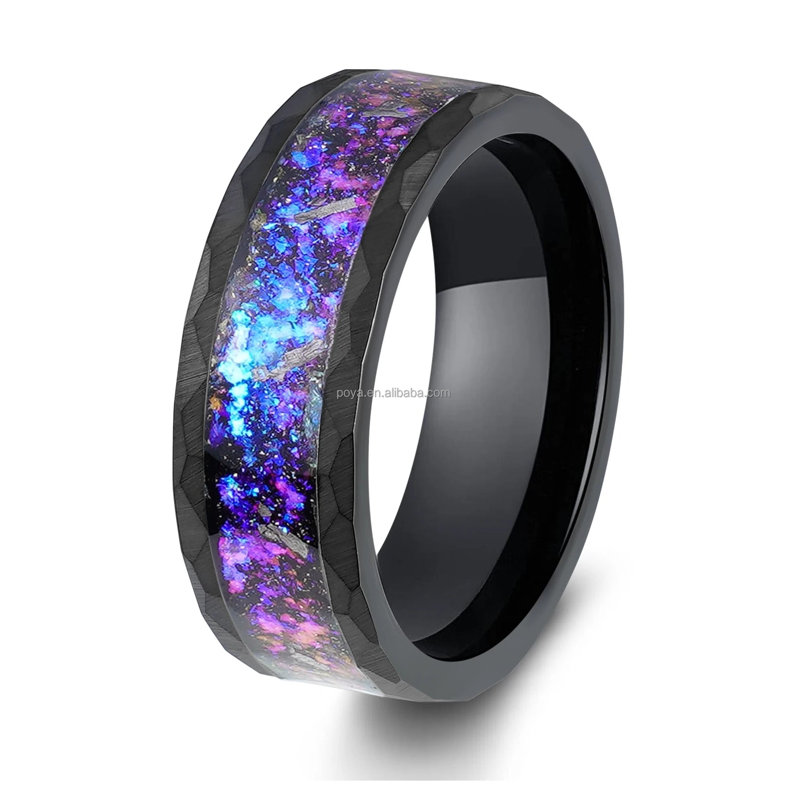 POYA  Romantic 8mm Black Hammered  Nebula Tungsten Ring with Blue Galaxy Inlay Couples Ring Wedding Engagement Anniversary Gift
