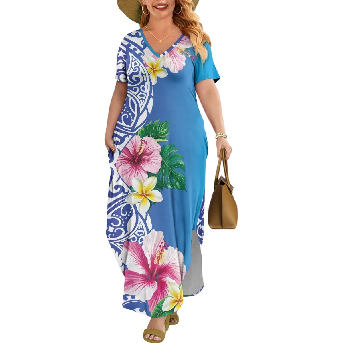 Blue Polynesian Floral Women's Plus Size Maxi Dress Short Sleeve V Neck Loose Plain Casual Fall Party Long Dress Pockets Sweet MegaBDM