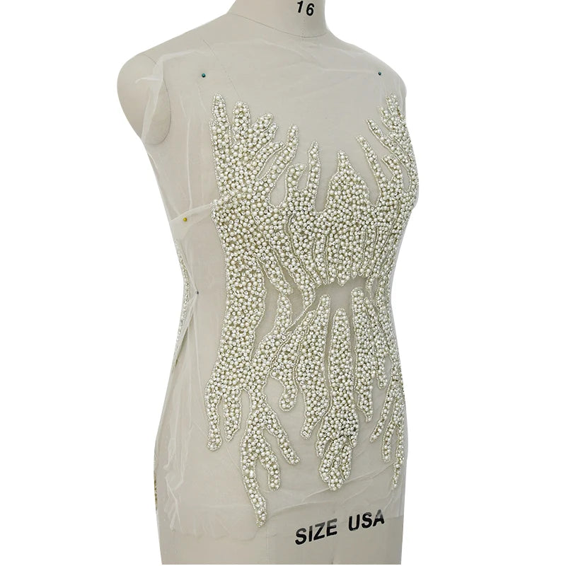 Beautiful New Keering Stock Pearl Design Dress Panel Bridal Beaded Fabric Pearl Bodice Applique WDP-058