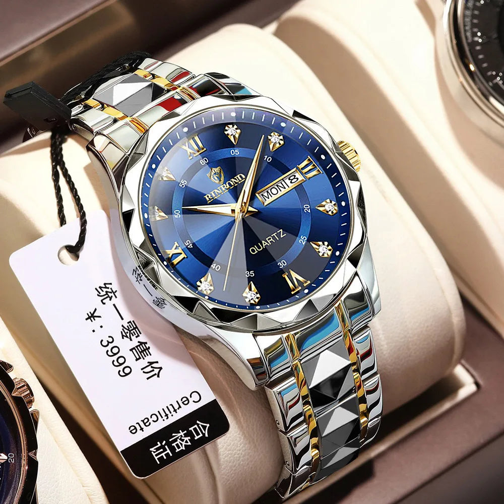 BINBOND B2521 Luxury Man Wristwatch Waterproof Luminous Date Week Male Reloj for Men Watches Stainless Steel Quartz Men's Watch