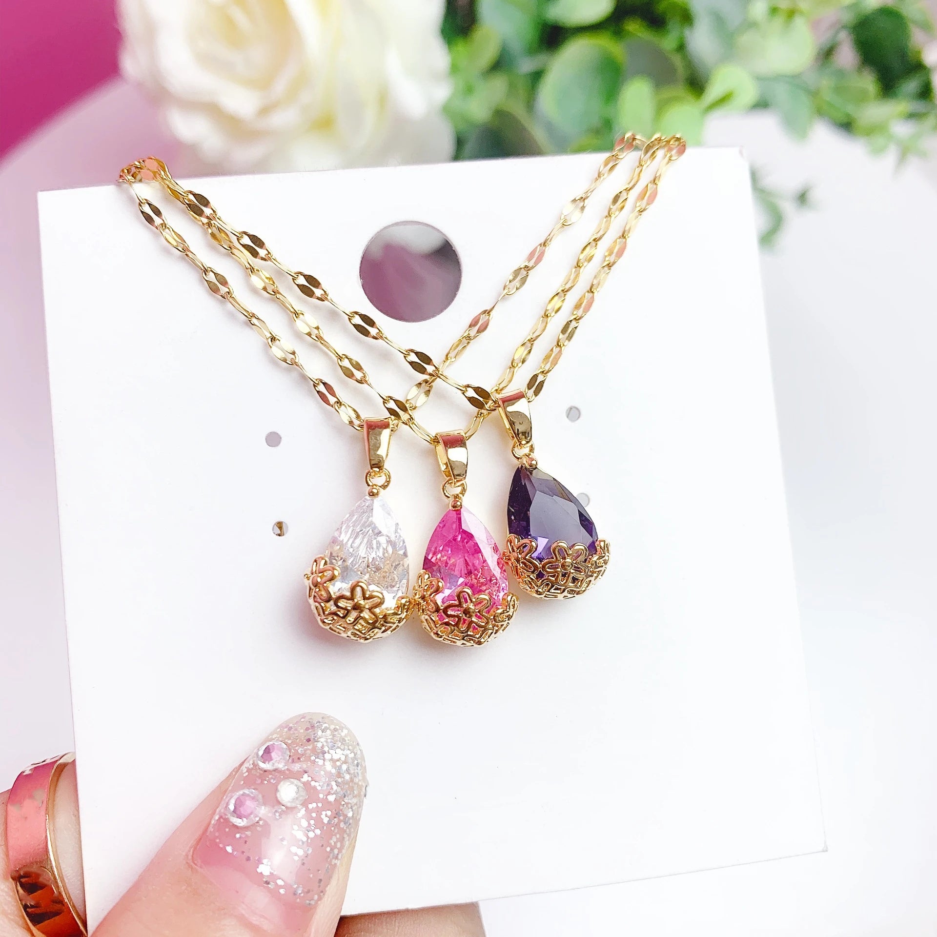 New Minimalist Stainless Steel Gold Plated  Zircon Hollow Flower Waterdrop Pendant Necklaces