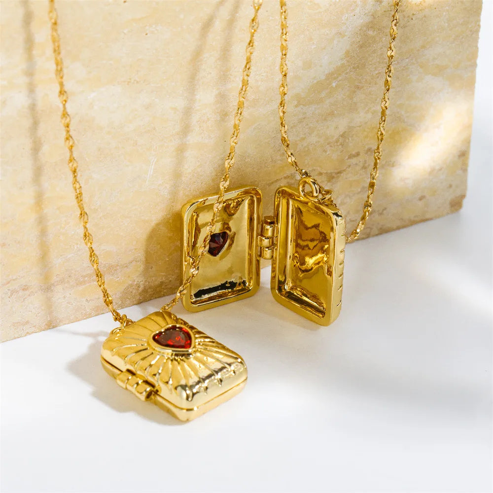 Tarnish Free 18k Gold Plated Stainless Steel Open Book Gemstone Charm Heart Pendant Necklaces for Women