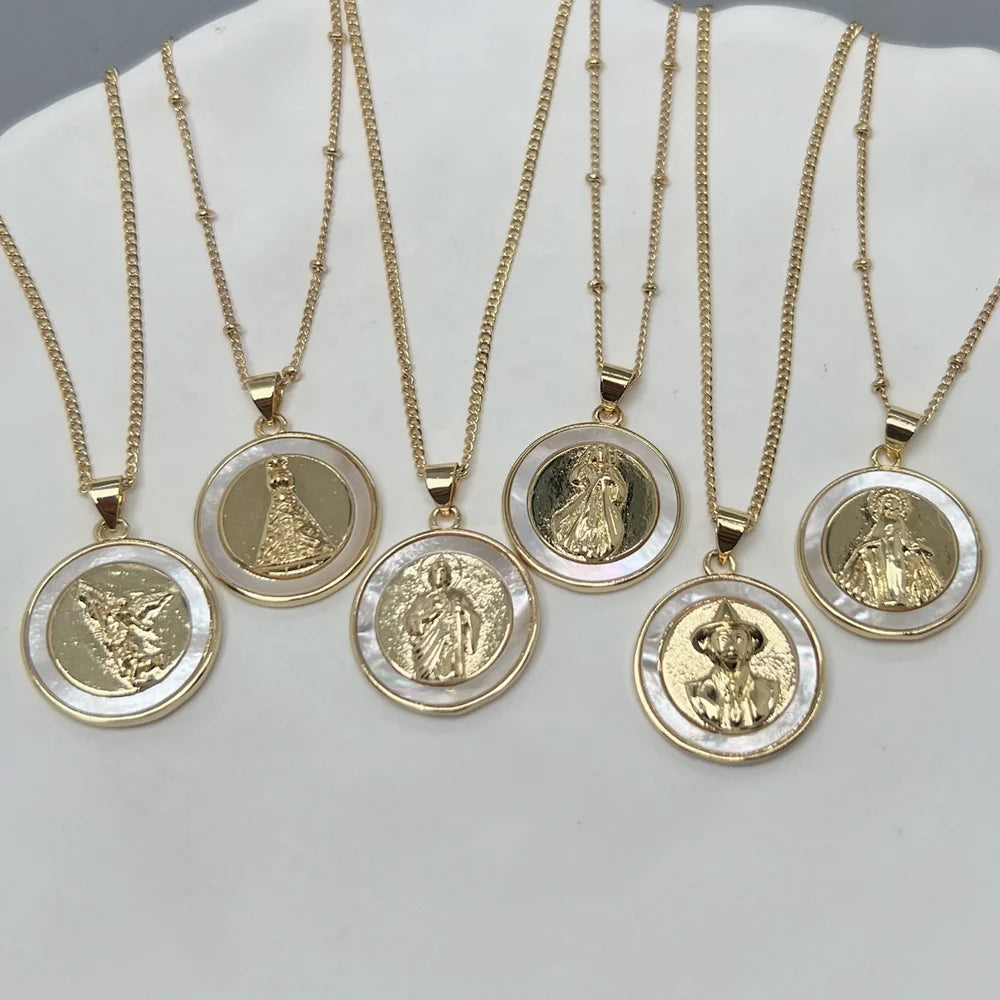 Vintage Father Jesus Virgin Mary Necklace Female Round Metal Gold Sea Shell Angel Pendant Neck for Women Wholesale