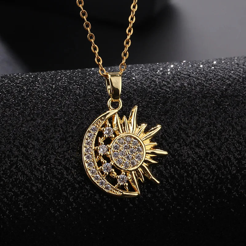 Fashion Sun Totem Moon Pendant Copper Zircon Chain Necklace Colorful/Gold Color for Women Jewelry Party Friend Gifts