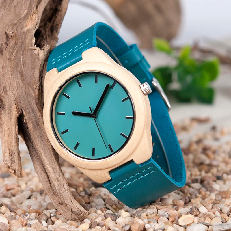 Best Selling Luxury Men's Blue Decorative Watch with Custom Logo Quarts Movement Fashion Leather Band Custom Bamboo Watches