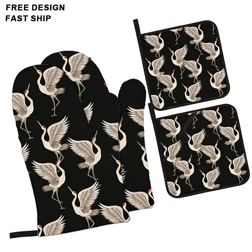 Custom Logo Oven Mitts and Pot Holders Microwave Gloves Oven Mitts Set with Pothholder Heat Resistant for Safe Kitchen Baking