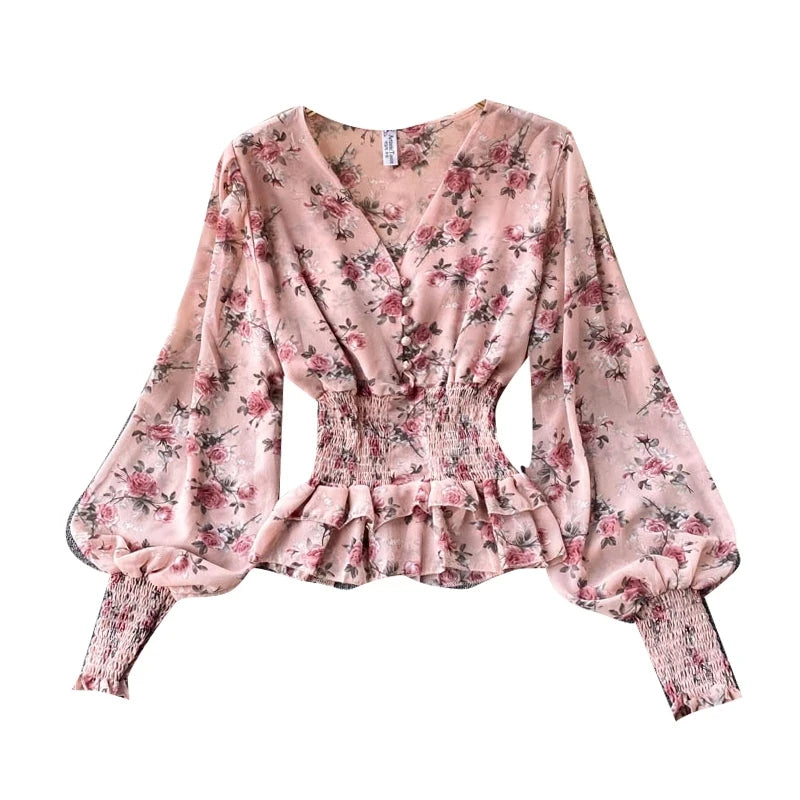 Spring Fall New Chiffon Blouse Female Sweet Wood Ears Waist and Thin Blusa Temperament V-neck Slim Short Puff Sleeve Shirt