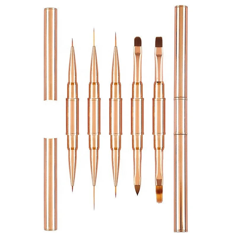 Custom Double End Rose Gold Metal Handle Multi-Function Nail Art Paint Brush with Nylon Bristles for Gel 3D Nails Includes Cover