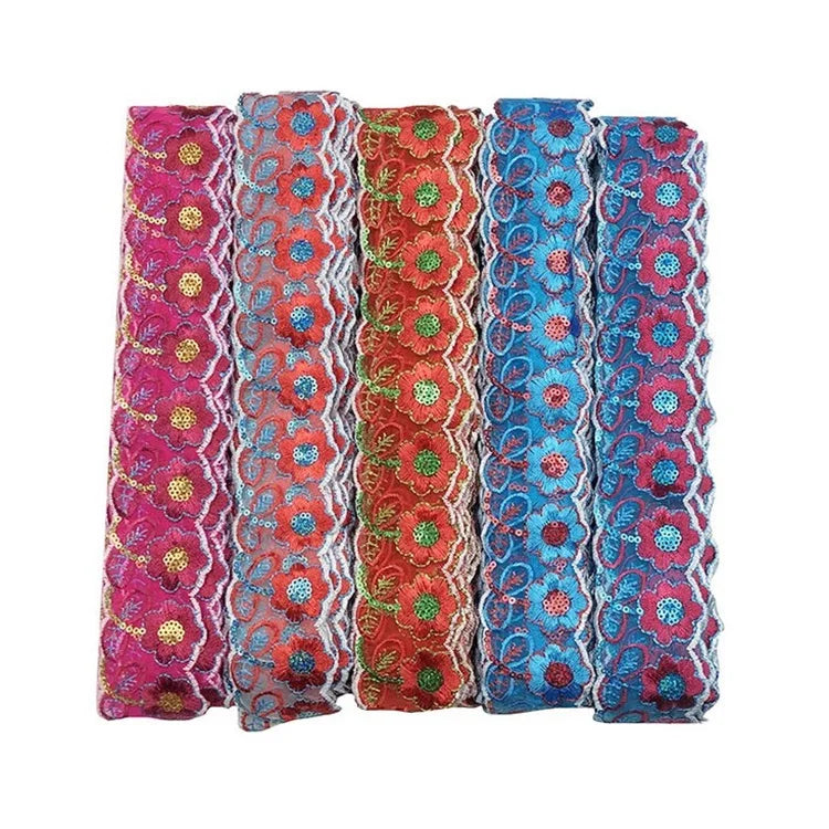 Hot Sale Colorful 5cm Wide Sequin Embroidery African Laces Trim for Clothing