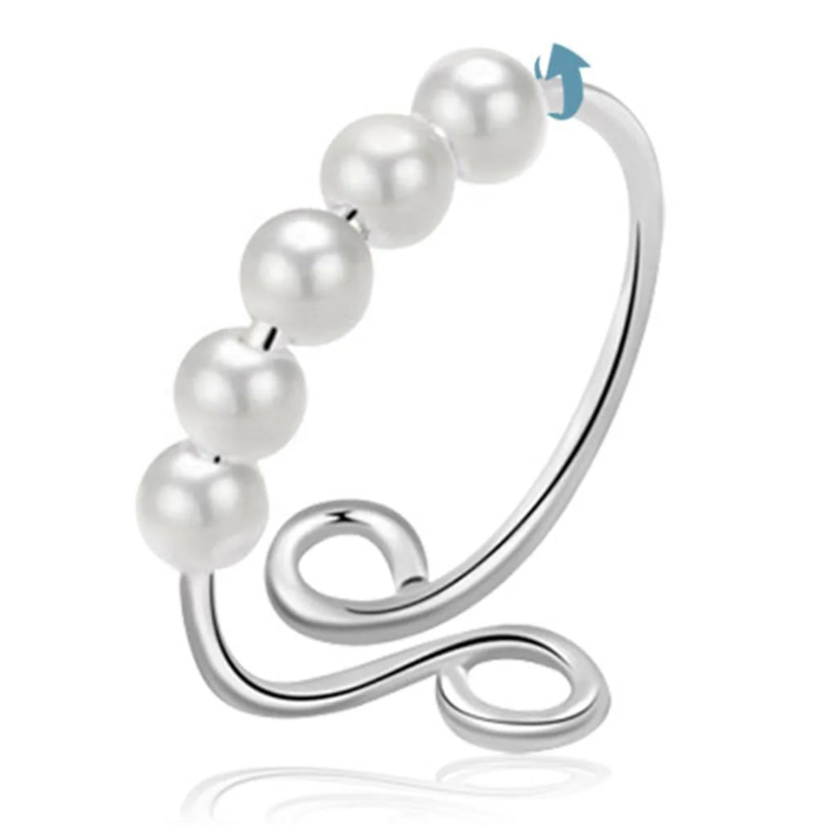 Elegant Design Open Adjustable Size 925 Sterling Silver Rotating Pearl Relief Fidget Anti Anxiety Ring for Girls