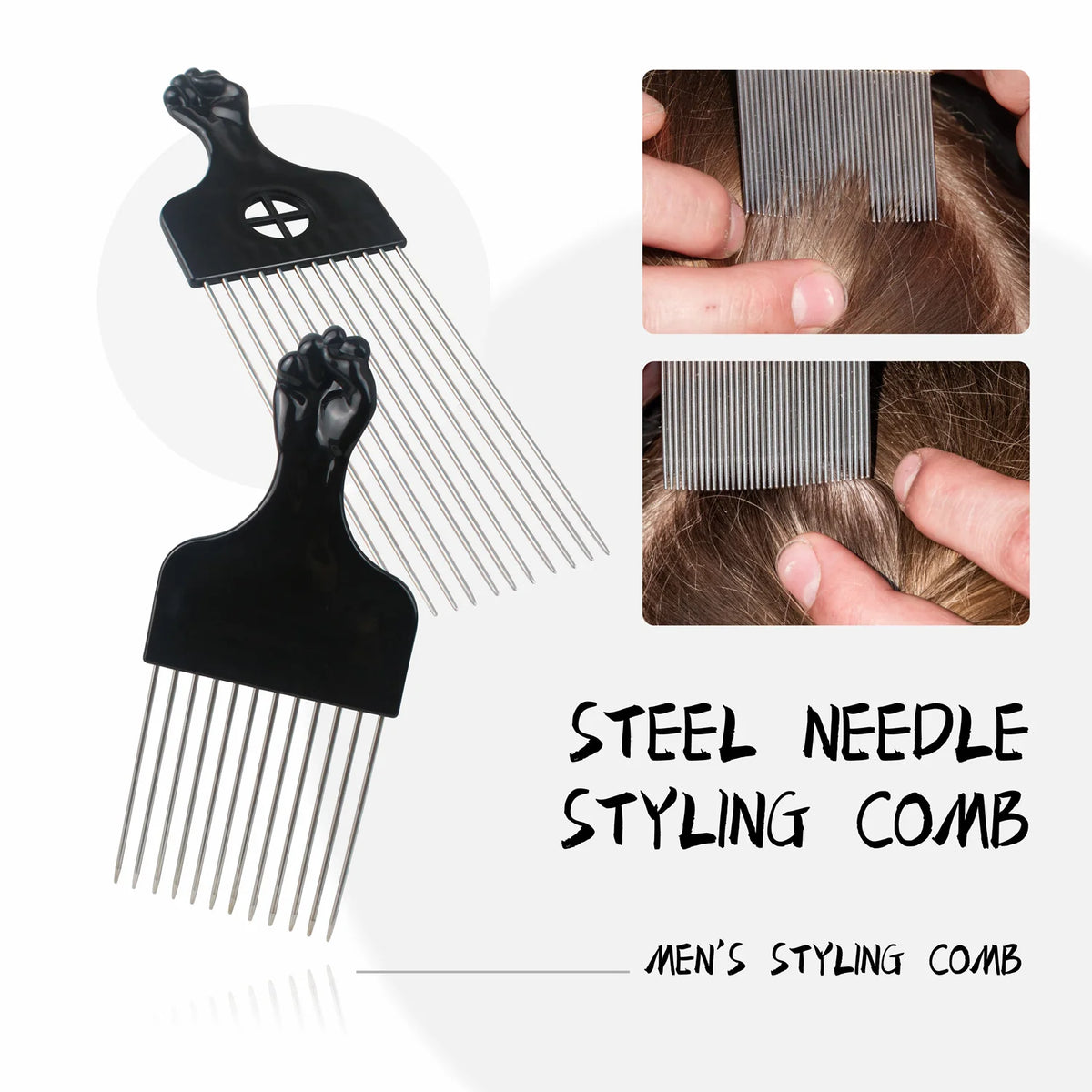 Steel Afro Pick Comb with Plastic Handle for Men's Detangling Wigs & Braids Salon Use African Hair Styling Custom Logo MegaBDM