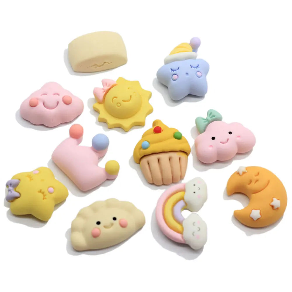 Kawaii Cartoon Clay Dolls Resin Flatback Cabochons Cute Cloud Star Moon Crown Resin Craft for Scrapbooking Hair Bow Center DIY