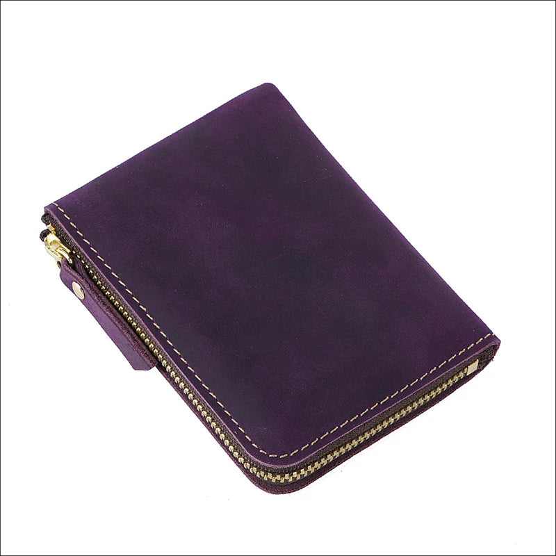 Handmade Genuine Leather Short Unisex Vintage Crazy Horse RFID Durable Zipper Customized Logo Dot Pattern Credit Card Money Clip