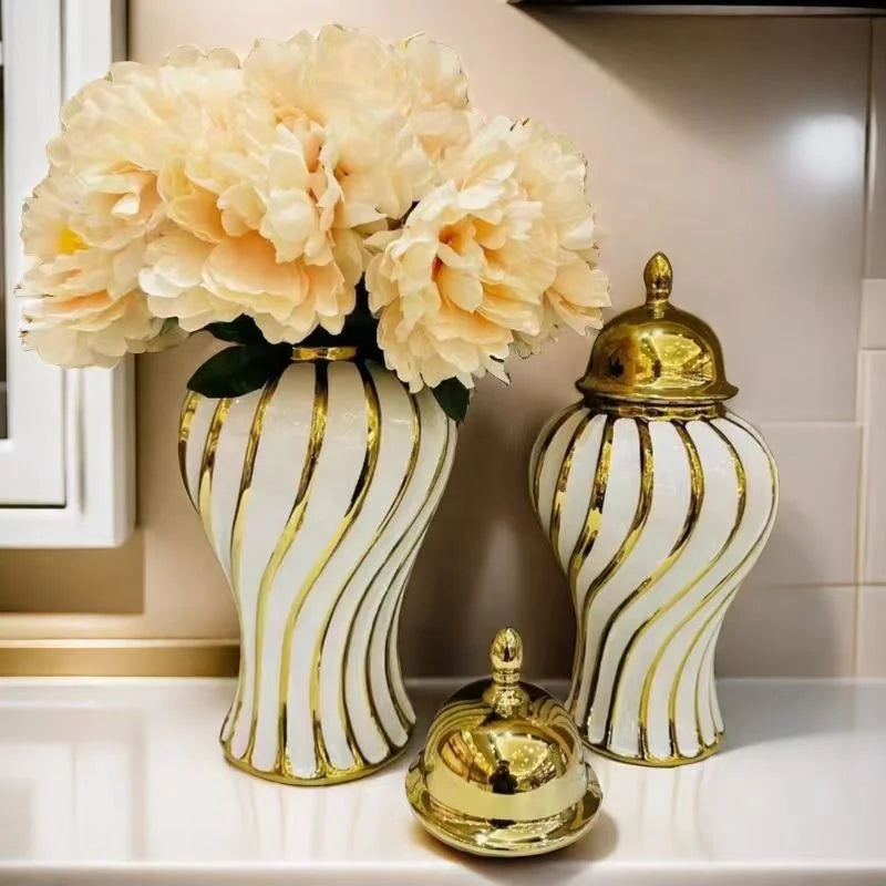 Gold Plated Spiral Striped White Ceramic Ginger Jar Storage Jars With Lid Modern Light Luxury Ceramic Flower Vase for Home Decor