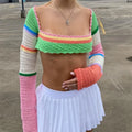 Women Summer Crop Tops Splicing Crochet Square Neck Long Sleeves Knitted T-shirt Tops 2022 Streetwear for Girls Green