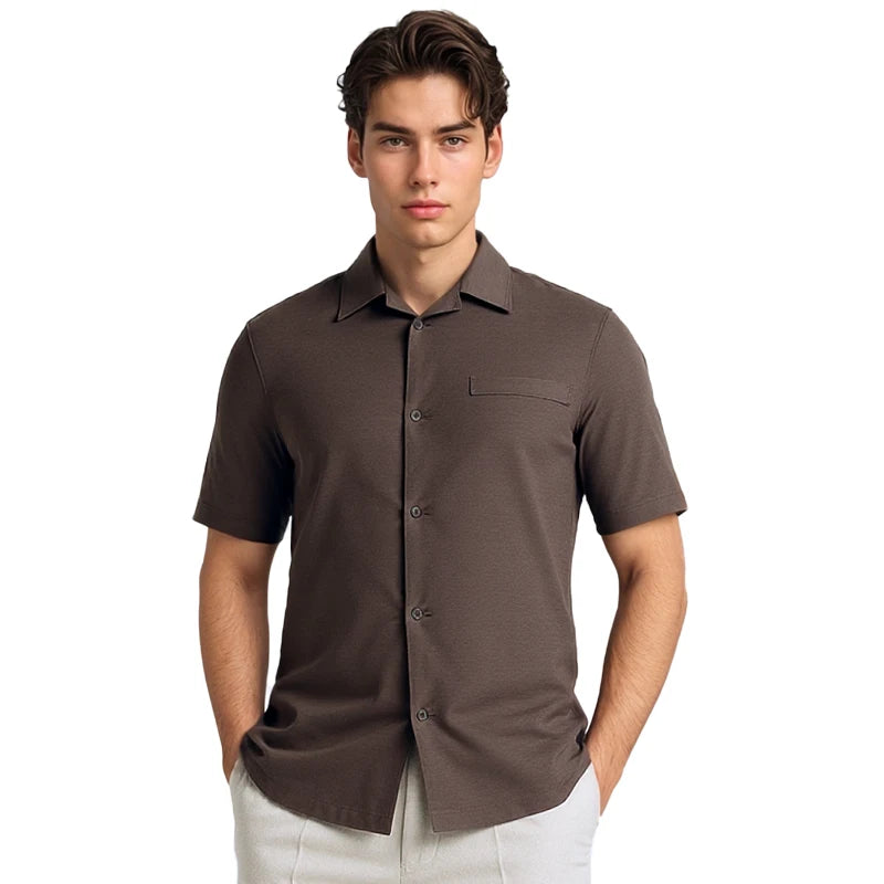 Custom ODM Summer Thin Fabric Turn-down Collar Shirt Short Sleeve Breathable Anti-Pilling Loose Casual Solid Color Mens Lyocell