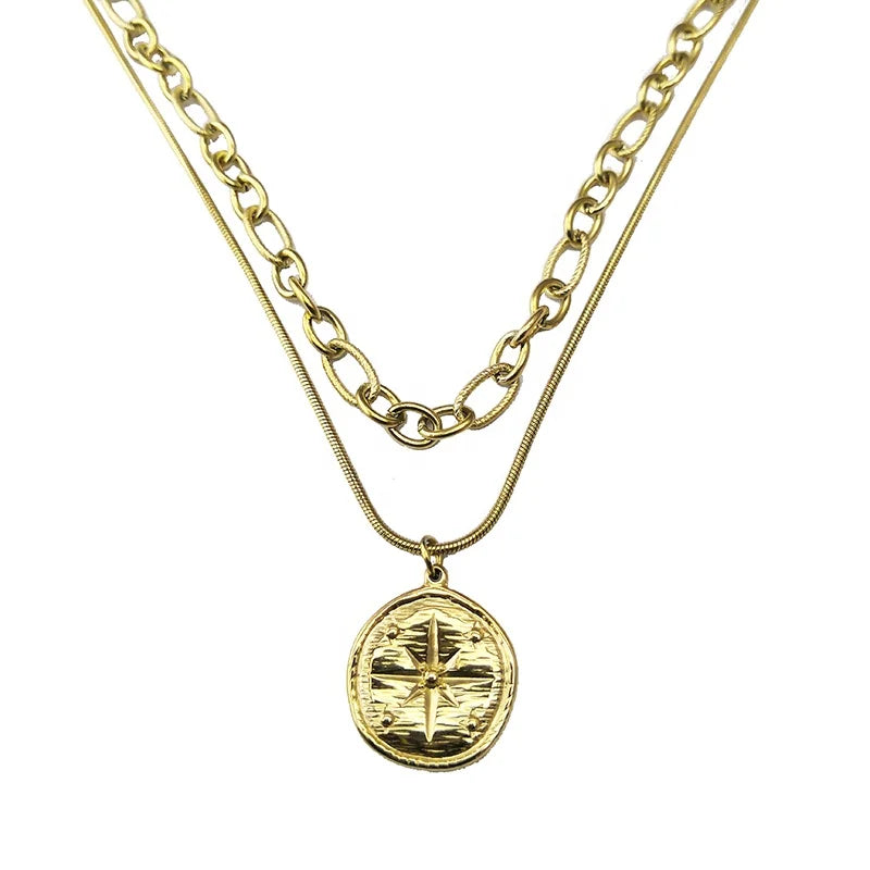 Latest 14K Gold Plated Stainless Steel Jewelry Irregular Double Chain Octagon Star Pendant Trendy Party Necklaces P223349