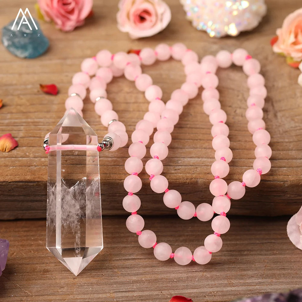 Classic Fashion Mala Necklace Frosted Matte Rose Quartz Healing Crystal Silver Plated Women's Jewelry for Wedding & Party Gift