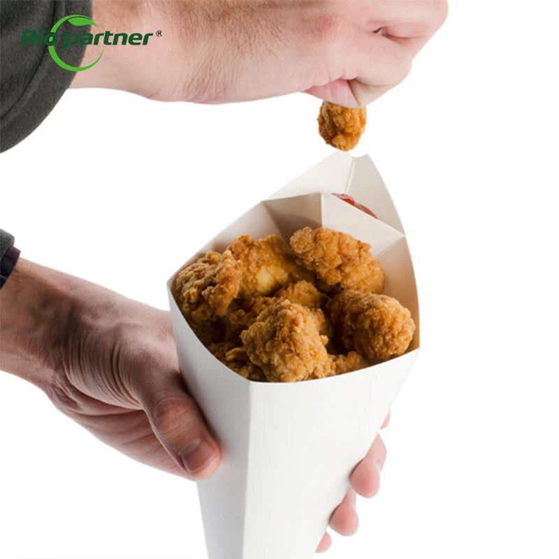 Reusable Fast Food Disposable French Fry Kraft Cones Cheesy Fish Fry Paper Cone with UV Coating Sauce Box Type Folders