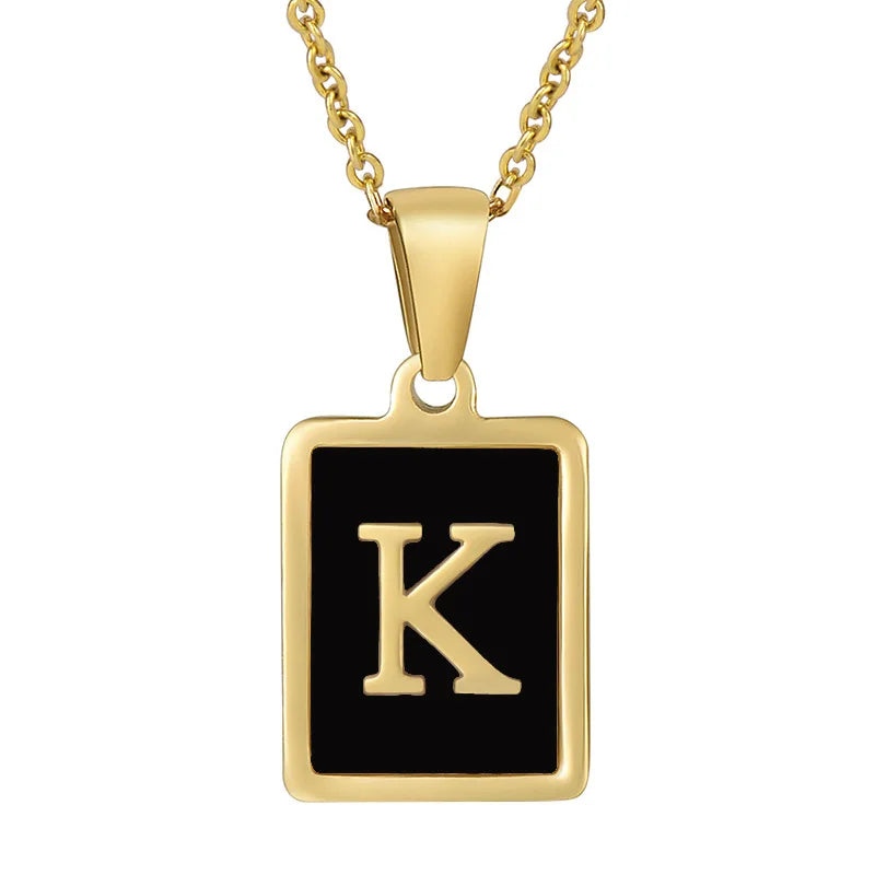 New Factory Supply Stock Skin Friendly Square Plate Necklace Gold Plated Initial Letter Stainless Steel 26 Capital Black 18K
