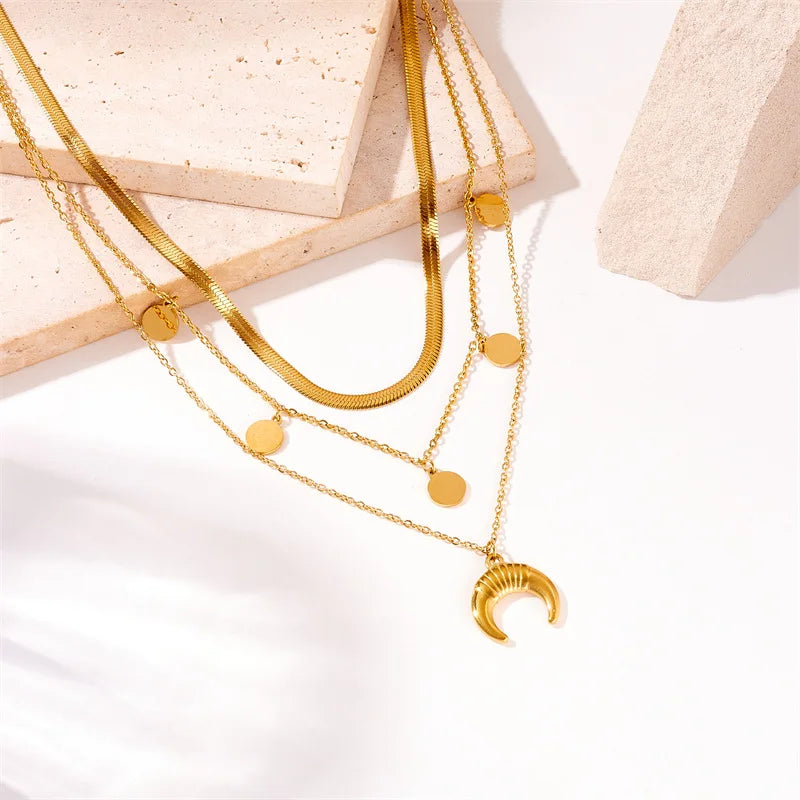New Design Stainless Steel Moon Pendant Necklace Non Tarnish 18k Gold Plated Multiu Layer Necklace for Women Lady