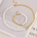 2023 Fashion White Pearl Necklace Bracelet New Design Gold Plated Coin Heart Pendant Pearl Necklace Bracelet Set Jewelry Women