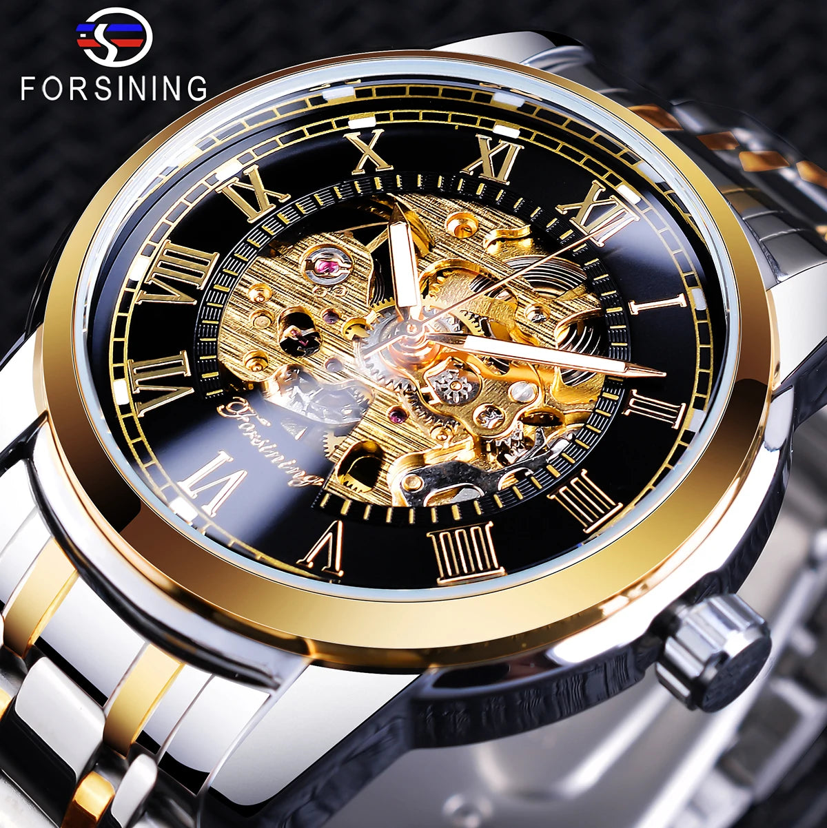 Forsining Hollow Engraving Fashion Golden Mechanical Hand Wind Sport Waterproof Luminous Watch Montre Homme Male Clock