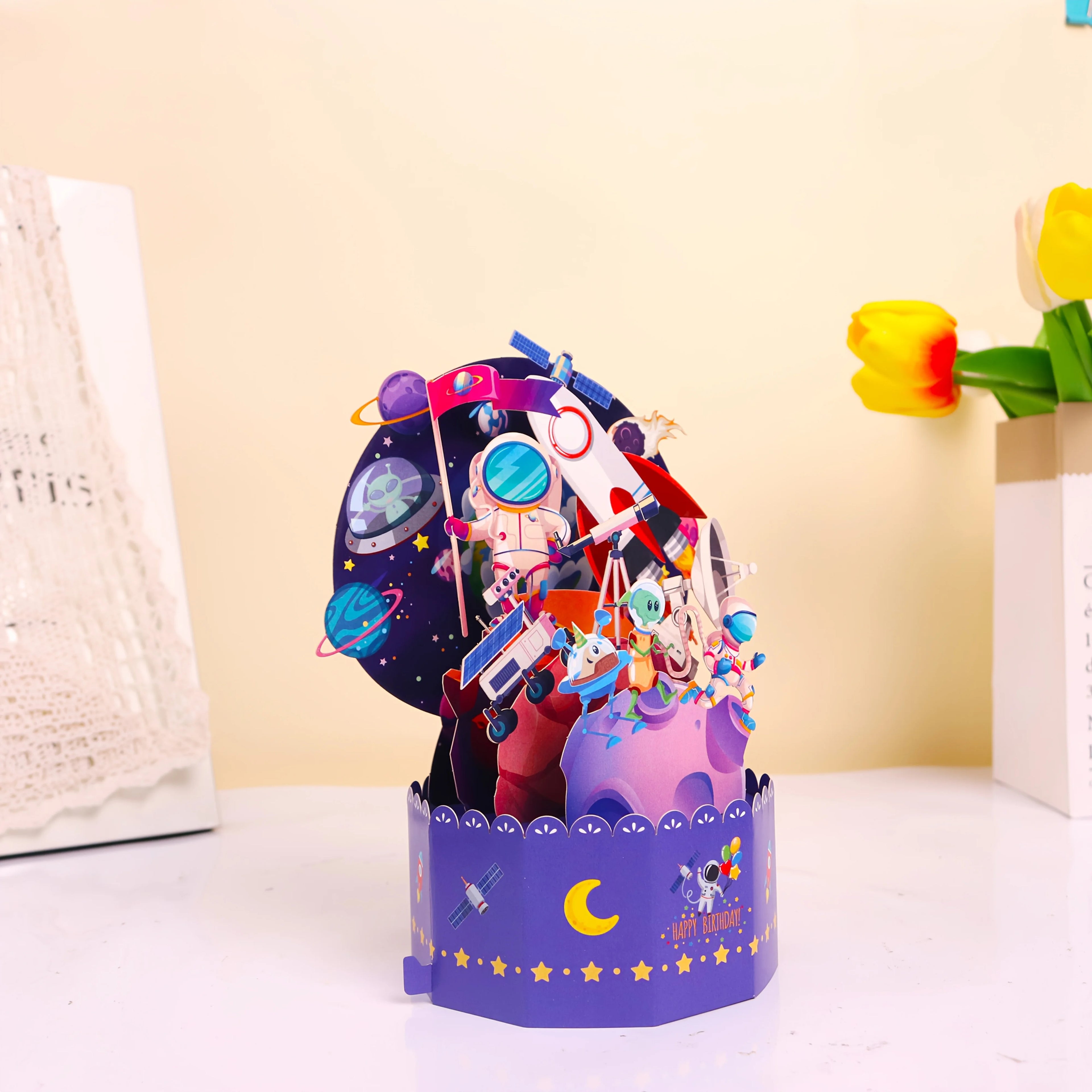 Luxurious Creative Birthday Greeting Card Moon Exploration Astronaut Birthday Happy Box 3D Pop-up Card