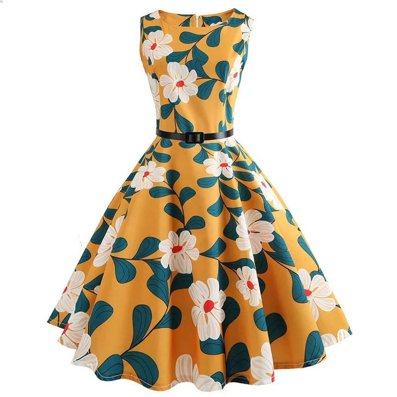 MANNI Flower Print Sleeveless Swing Skirt Yellow 70s Lady Vintage Casual Dress Women Midi Dress Retro