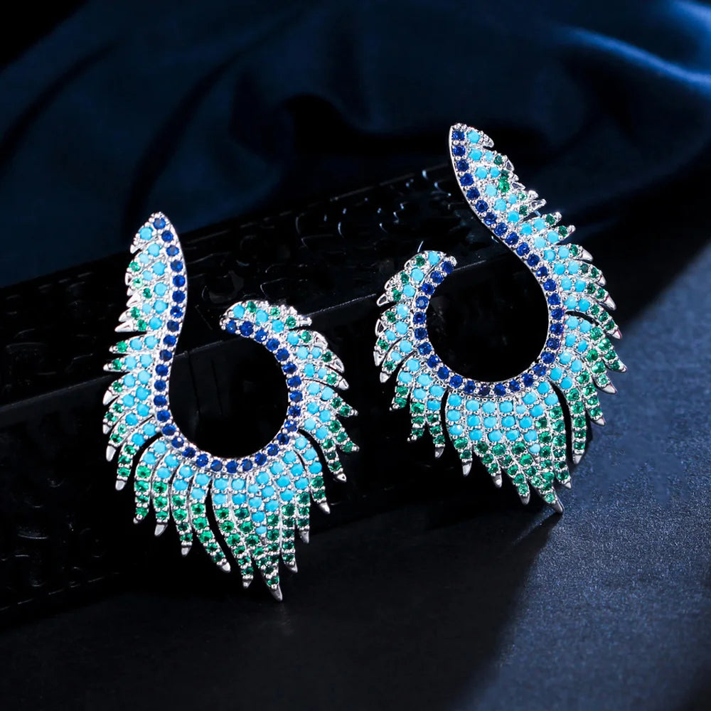Unique Geometric Design Turkish Blue Cubic Zirconia Micro Pave Long Big Fringed Drop Earrings for Women High End Jewelry