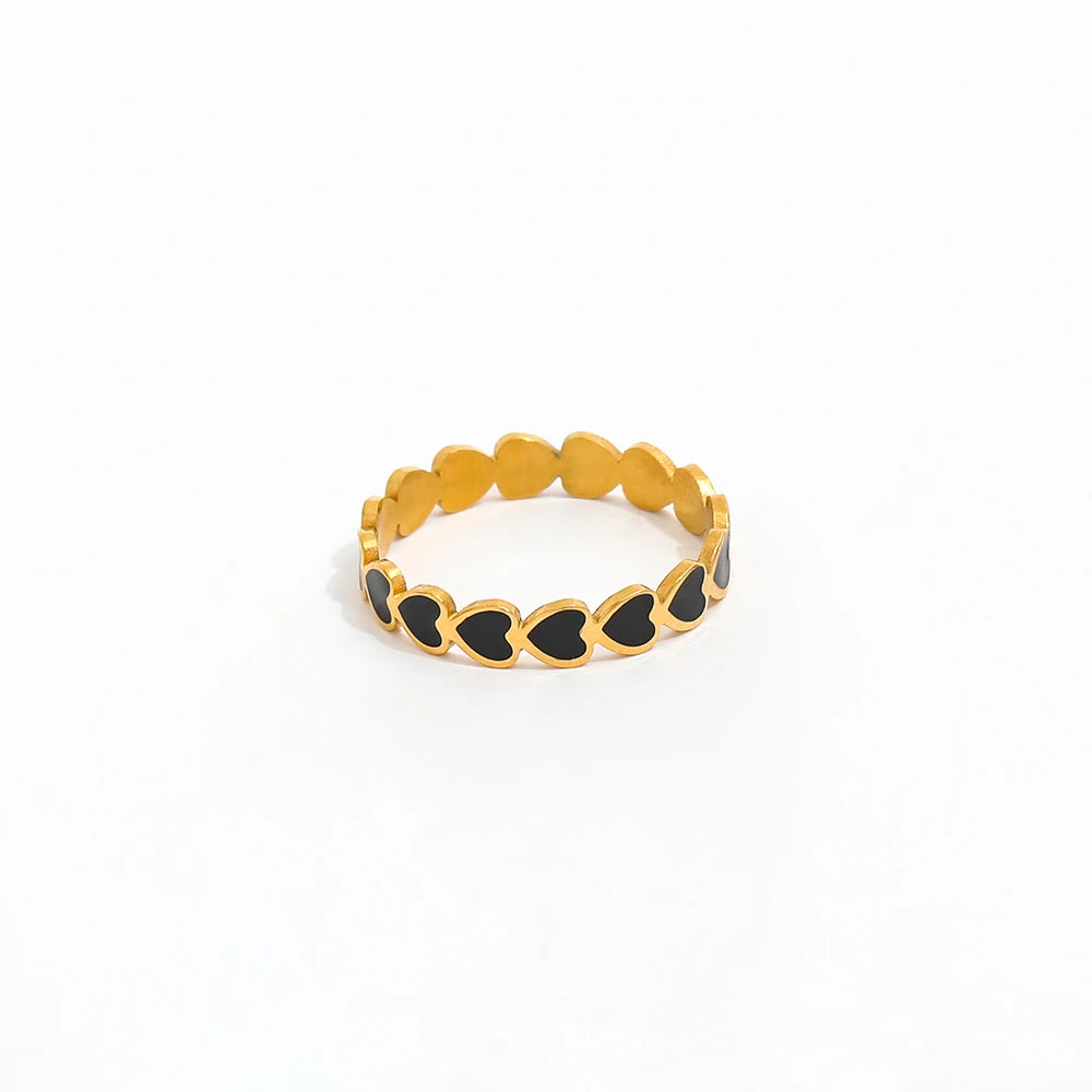 High End 18K Plain Gold Black Enamel Heart to Heart Rings Stainless Steel Trendy Simple Gold Plated Jewelry