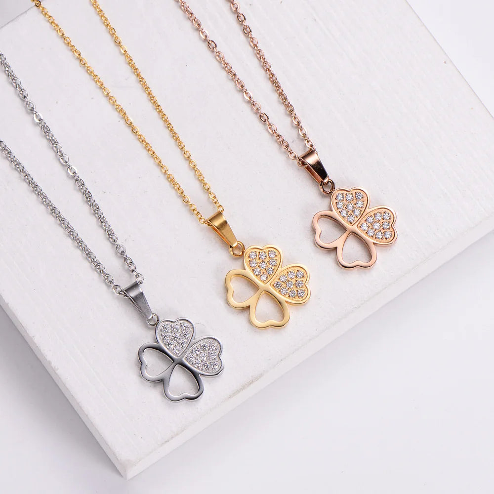 Fashion Dainty Woman Jewelry Lucky Stainless Steel 18K Gold Rhinestone CZ Four-leaf 4 Four Leaf Clover Necklace Stylish Trendy