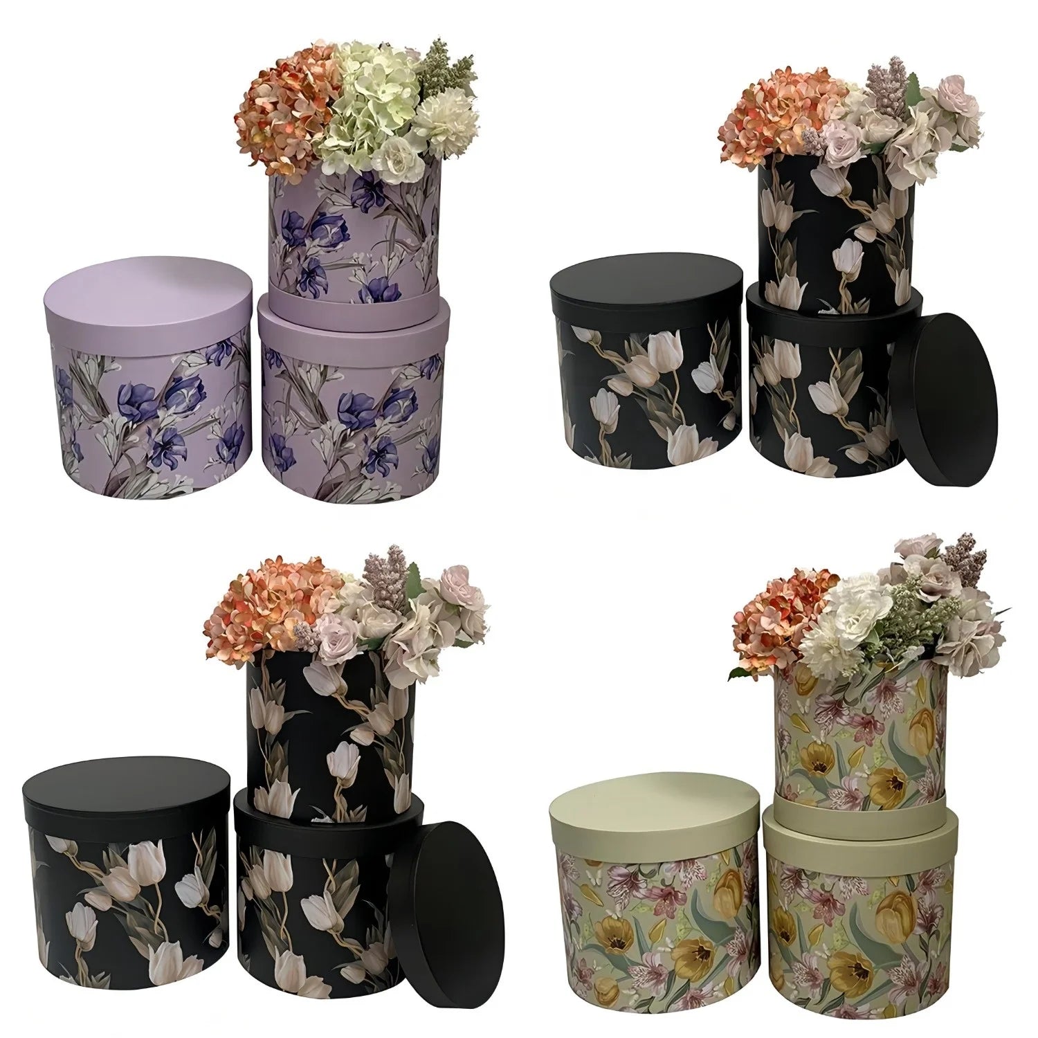 Gift Box Flower Box Hug Bucket Pattern Round Set of 3 Flowers Printing Rigid Boxes Coated Paper Recyclable Round Shape 3 Colors