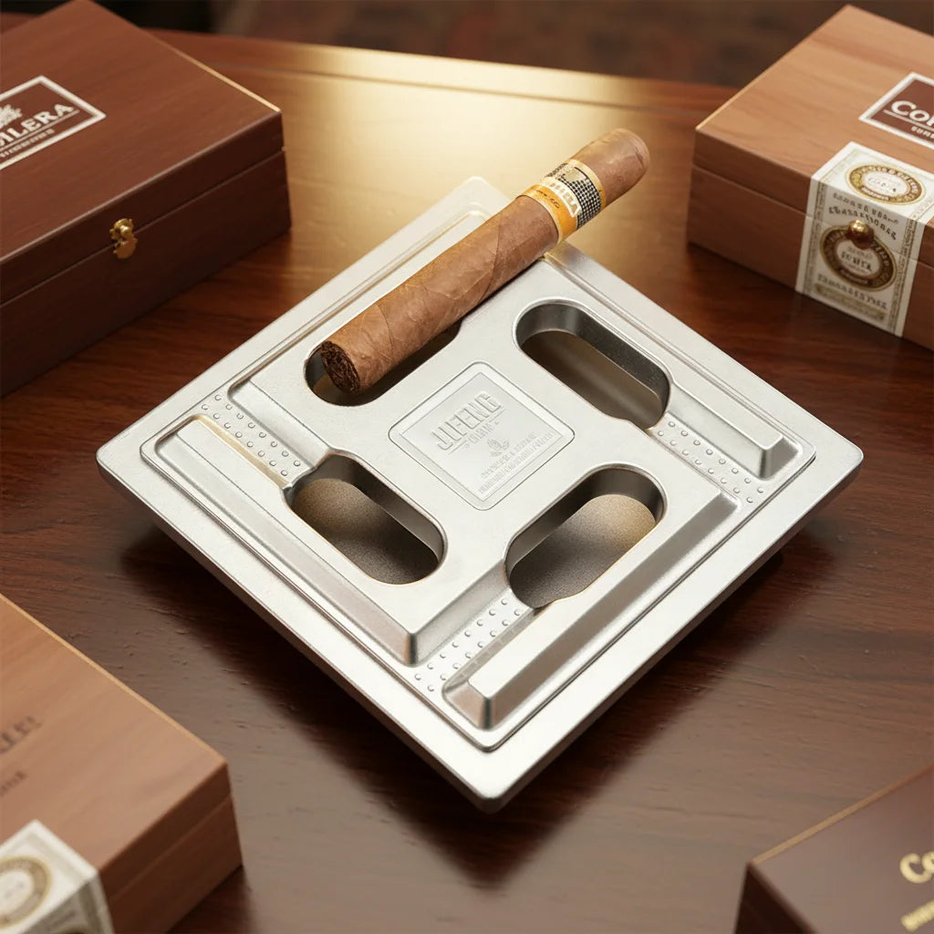 JIFENG JF-2022 Luxury 4-Slot Windproof Square Custom Logo Metal Cigar Ashtray with Lid for Cigar Bar