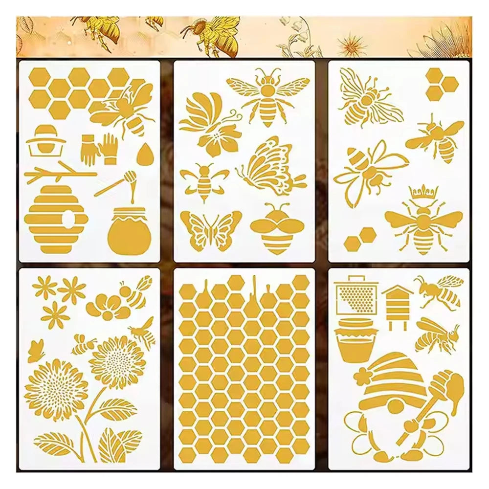6 Pcs Honeycomb Bee Stencils Bee Hollow Painting Stencil Graffiti Sunflower DIY PET Stencil