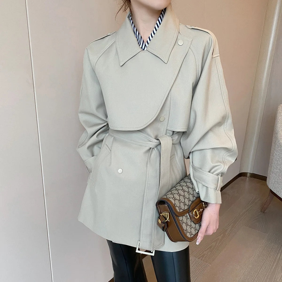 Boutique Wholesale 2026 Spring New Design Sense Casual Mid Length Belt Waist Waist Commuter Women's Coat