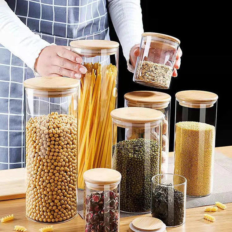 Handmade High Borolicicate Kitchen Food Storage Glass Bottle Jar with Bamboo Lid