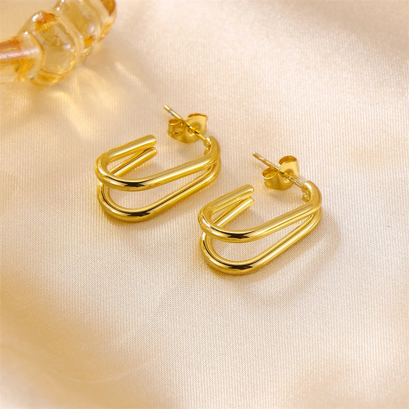 Industrial Style Adornment Gold Plated Double Layer C-Shaped Minimalist Style Stainless Steel Earrings