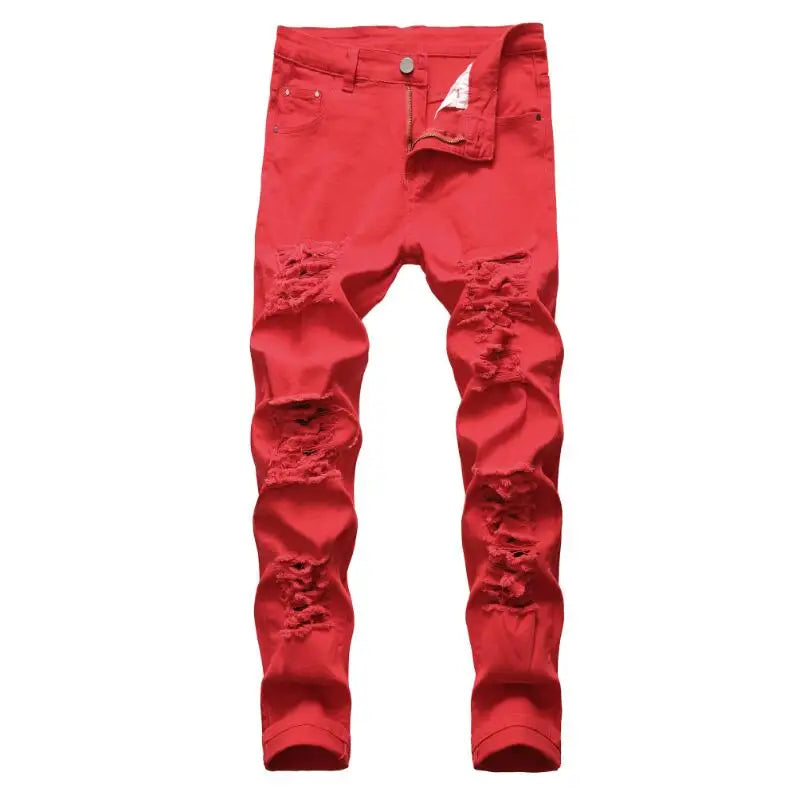 RNSHANGER New Dropshipping Red White Black Ripped Denim Knee Hole Biker Jeans Men Slim Skinny Torn Jean Pants