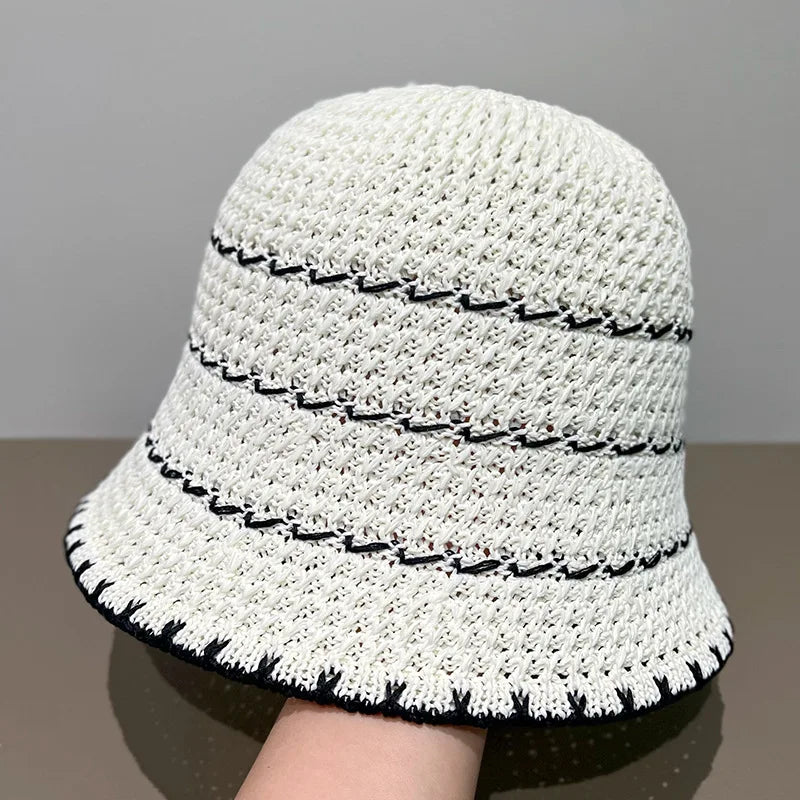 Landfond Stylish Lady Striped Colors Breathable Hollow Matched Suits Beach Folding Paper Straw Bucket Hats Fishing Caps