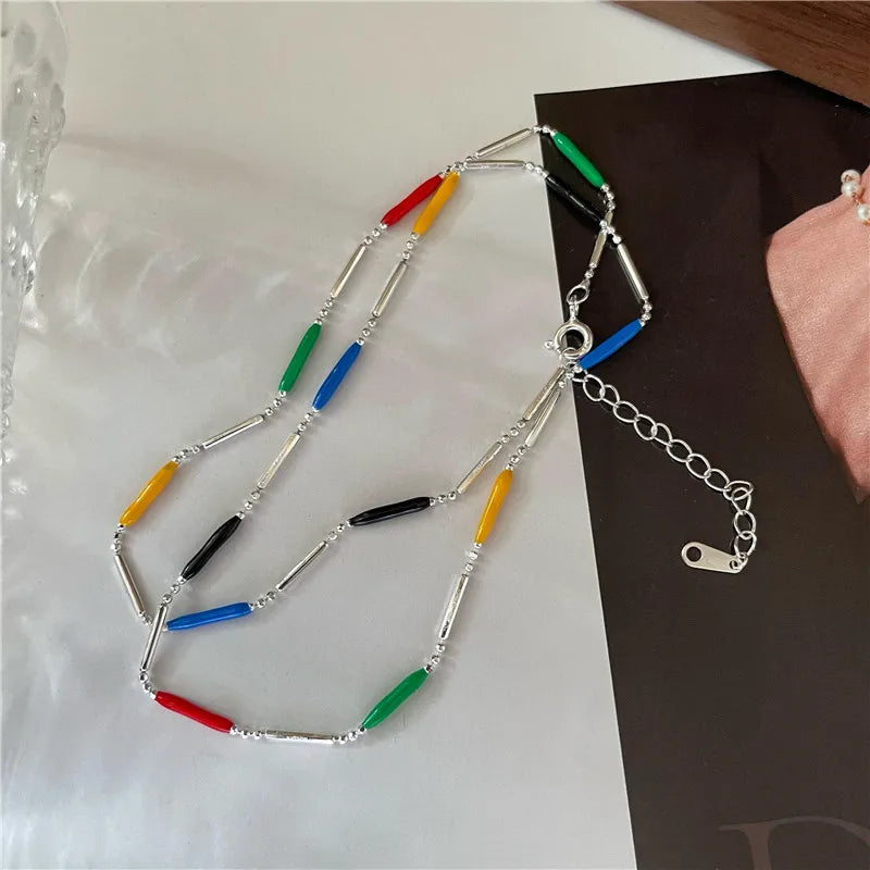 Rainbow Enamel Short Bar Beaded Chain Necklace for Women 925 Sterling Silver Jewelry