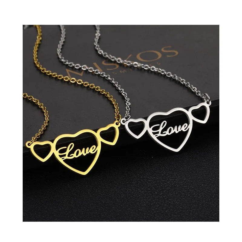 Stainless Steel Personalization Custom Name Two Heart With Heart Shape Two Name Necklace Couple Gift
