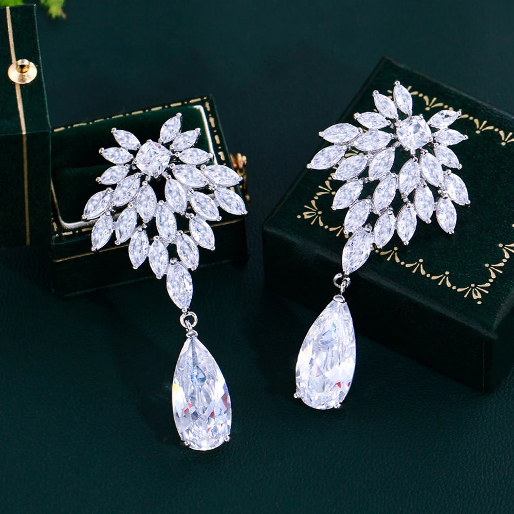 Grade Quality Dazzling CZ Rhodium Plated Women Long Drop Cubic Zirconia Banquet Wedding Earrings for Brides