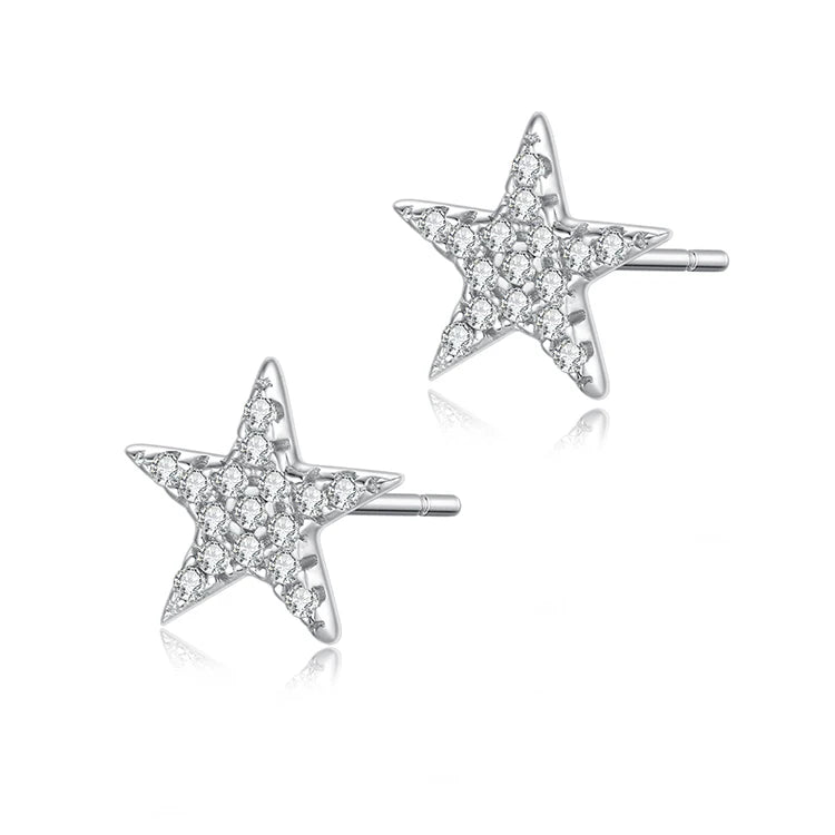 Simple 925 Sterling Silver Earrings Pave CZ Zirconia Star Stud Earrings for Women