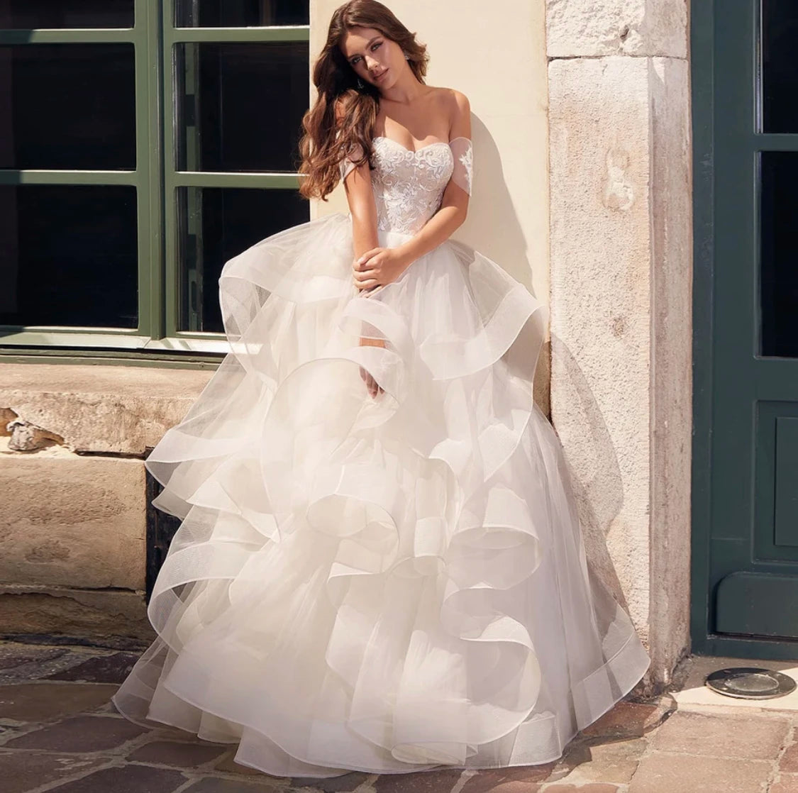 13120#Princess Off-Shoulder Tiered Sweetheart Beach Bohemian Lace Applique Lace-Up Wedding Dress Bridal Gown