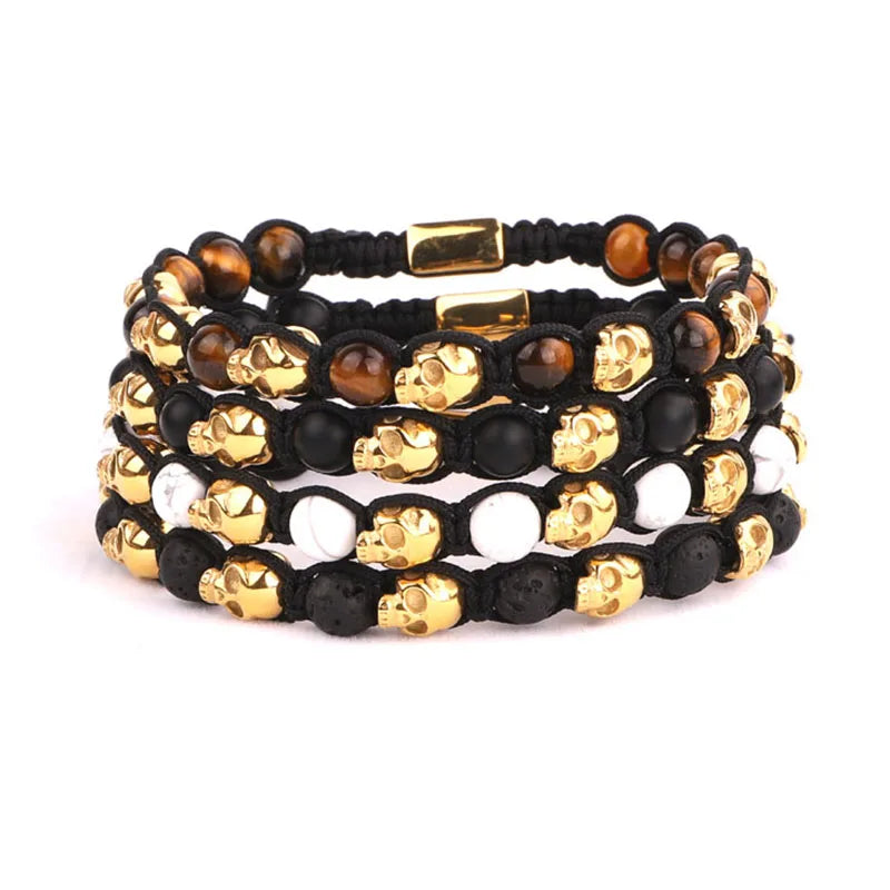 Renting Jewelry Gold PVD Plating Stainless Steel Skull Natural Stone Men Jewelry Adjustable Macrame Bracelet