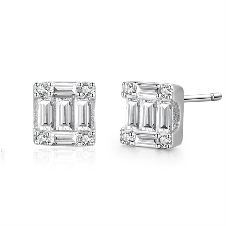 Dainty 925 Sterling Silver Square Cluster Studs Earrings Baugette Diamond Fine Jewelry for Women