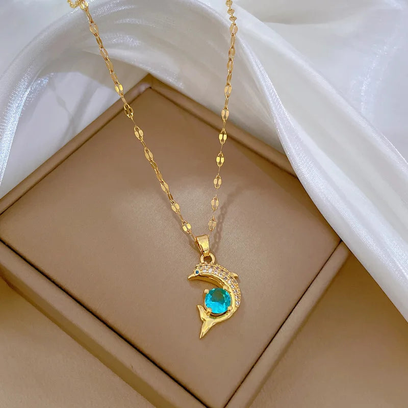 2023 Luxury Women Dolphin Zircon Pendant Necklace Clavicle Chain Gold Plated Stainless Steel Necklace for Women Girls