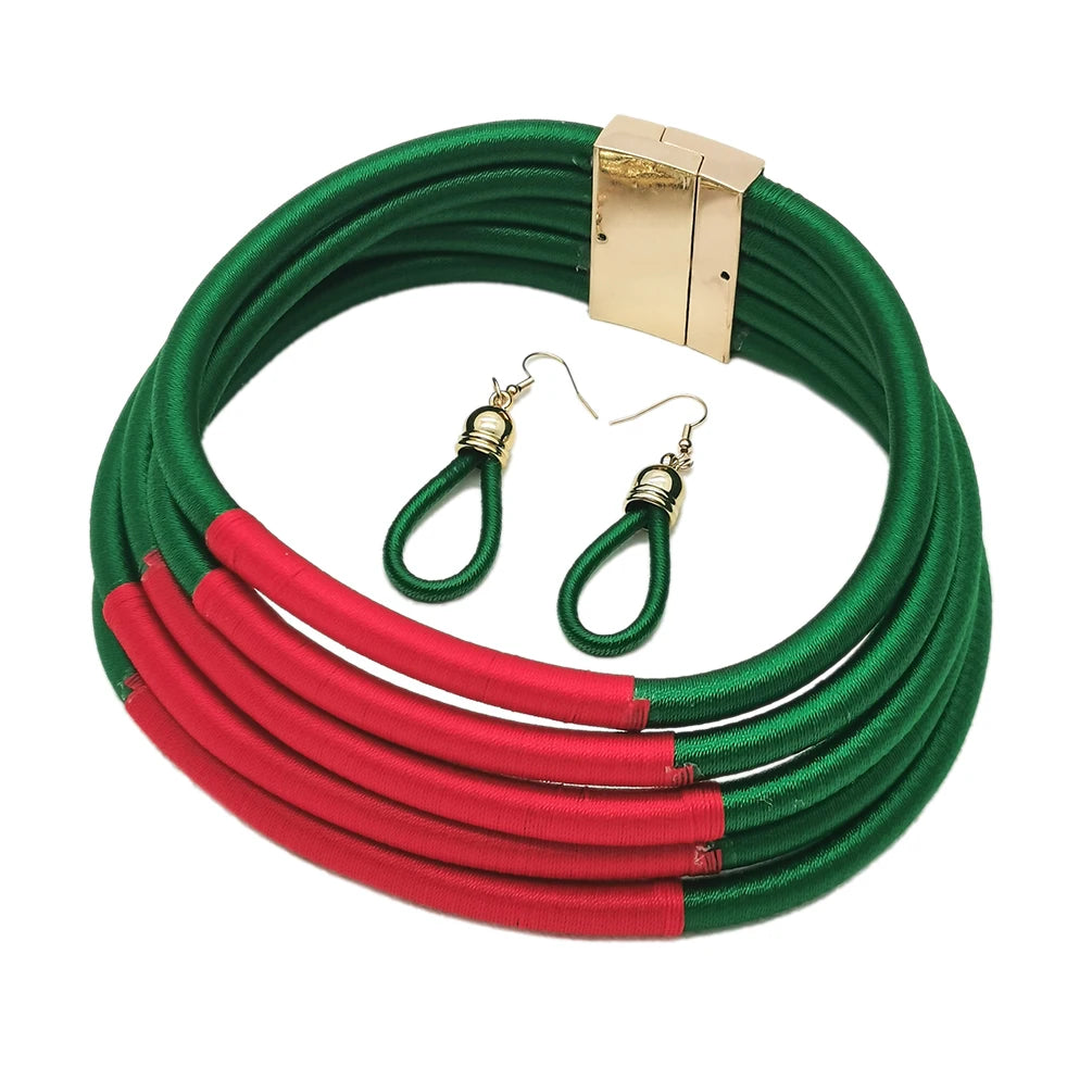 Hot Statement African Jewelry Set for Women Handmade Multi-layer Ropes Choker Necklaces Drop Earrings Set Fashion Accessories