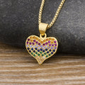 QIKU Wholesale Heart Shape Colorful Rhinestone Pendant Copper Cubic Zircon Necklace Gold Color Jewelry Birthday Gift
